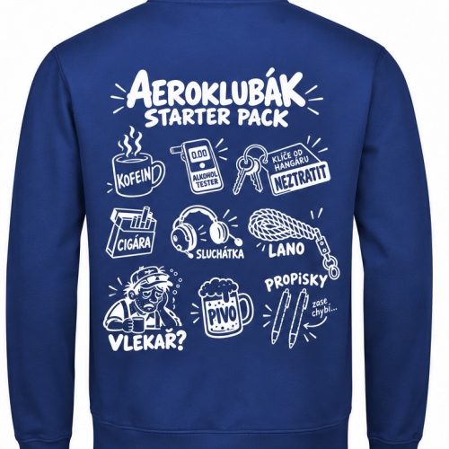 Modrá letecká mikina pro piloty Aeroclub Essentials s motivem letištních nezbytností na zádech