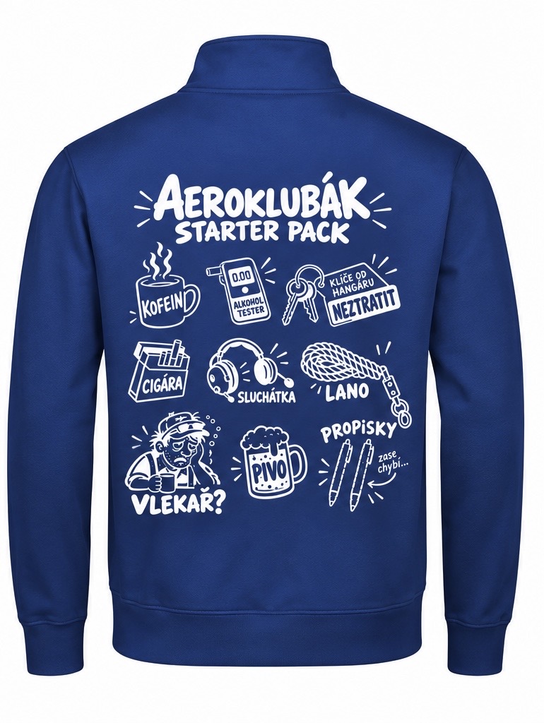 Modrá letecká mikina pro piloty Aeroclub Essentials s motivem letištních nezbytností na zádech