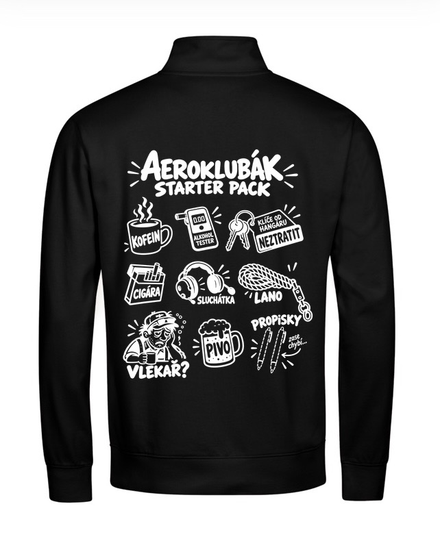 Černá letecká mikina StratusPilot Aeroclub Essentials s originálním motivem aeroklubácké výbavy na zádech
