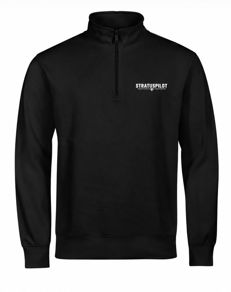 Černá mikina Aeroclub Essentials s krátkým zipem, stojáčkem a decentním logem StratusPilot na prsou